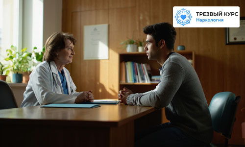 Врач и пациент сидят за столом напротив друг друга